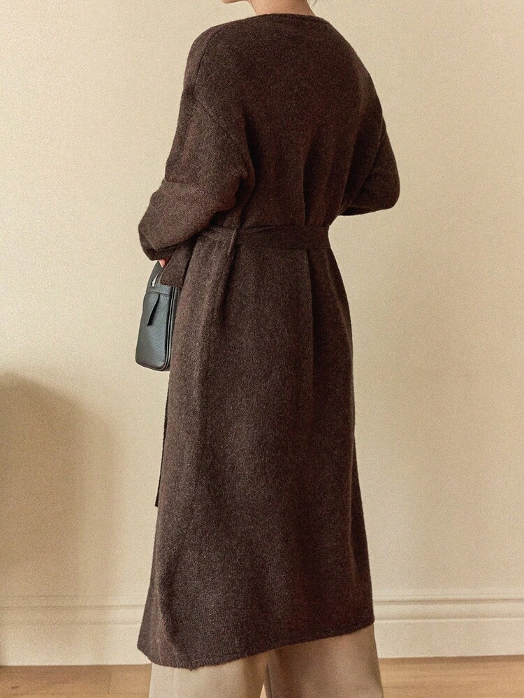 Women's Casual Everyday Commute Simple Solid Color Drop Shoulder Loose Belted Long Cardigan, Autumn/Winter Business Casual Woman