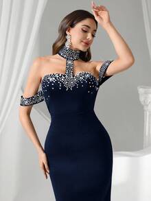 Formal Evening Gown (Heavily Embellished) - Navy Blue - View 3
