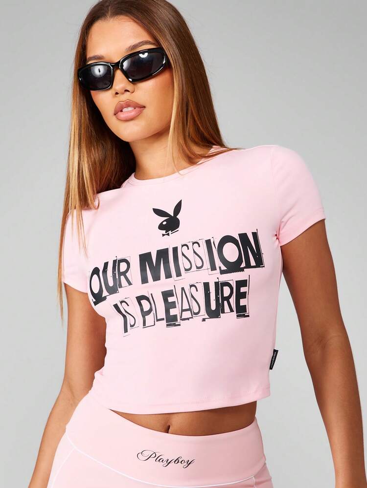 Missguided x Playboy Top court à manches courtes col rond ajusté avec imprimé déclaratif logo lapin