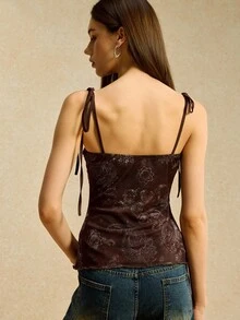 Easelle 女士花卉印花蕾丝荷叶边装饰吊带背心，适合度假穿着 - 咖啡棕 - 查看 2