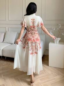 Modelyn Tie-Up Waist Ruched Floral Print Flared Dress For Women - Multicolor - View 2
