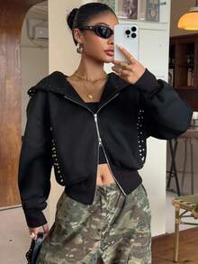 SHEIN EZwear 女式黑色连帽拉链休闲运动衫，饰有铆钉 - 黑色 - 查看 3