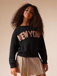 SUMWON Premium Girls Knit City Sweater Textured Winter Pull Over Retro Script Jumper Cozy Holiday Casual Letter Print Varsity Style Long Sleeve Pullover Top - Dark Grey - View 2