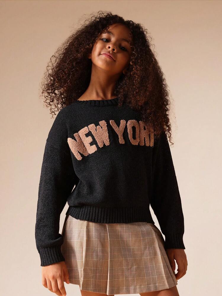 Strukturierter Strickpullover mit metallischem City-Text-Print