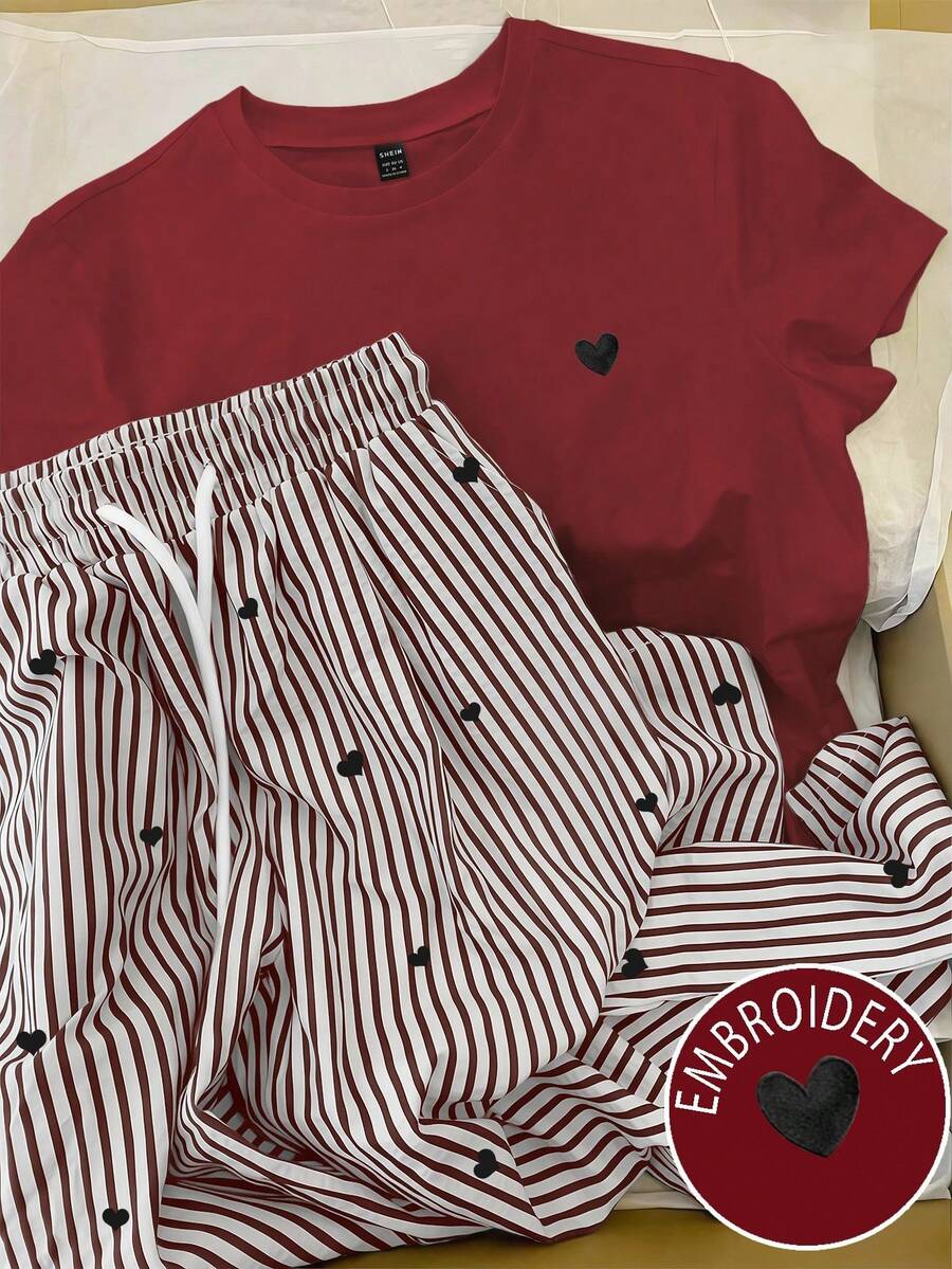 Resyla Women's Heart Embroidery Round Neck Short Sleeve T-Shirt And Drawstring Waist Striped Pants Casual Suit - Red - View 1