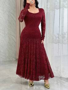 Feyla Váy cocktail cổ vuông ren thắt eo thanh lịch, viền đuôi cá - Màu Đỏ Sâu - Xem 5