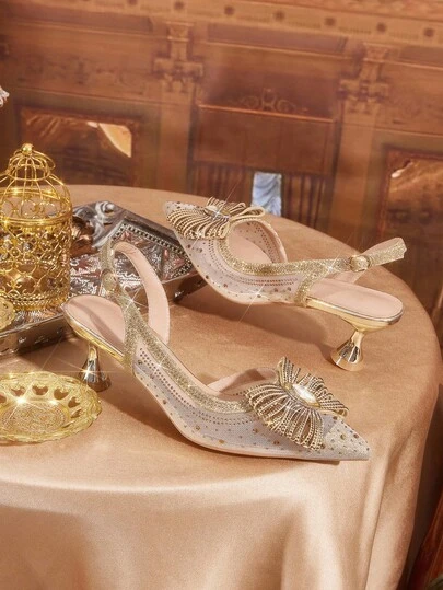 CUCCOO TILAWA Women's Fashion Gold Pointed Toe Luxury Rhinestone Bow Banquet High Heel Mule Shoes For Christmas