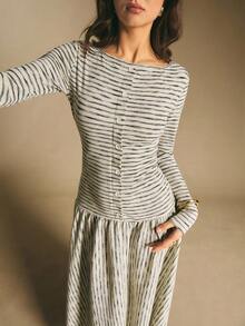Poéselle 女式条纹船领长袖纽扣设计休闲连衣裙 - 灰色 - 查看 3