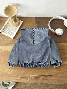 SHEIN 男婴时尚水洗休闲保暖蓝色牛仔连帽拉链宽松外套，新品，适合宝宝秋冬日常穿着、街头风、万圣节和圣诞节，保暖内衬外套，冬季外套 - 中等水洗藍 - 查看 2