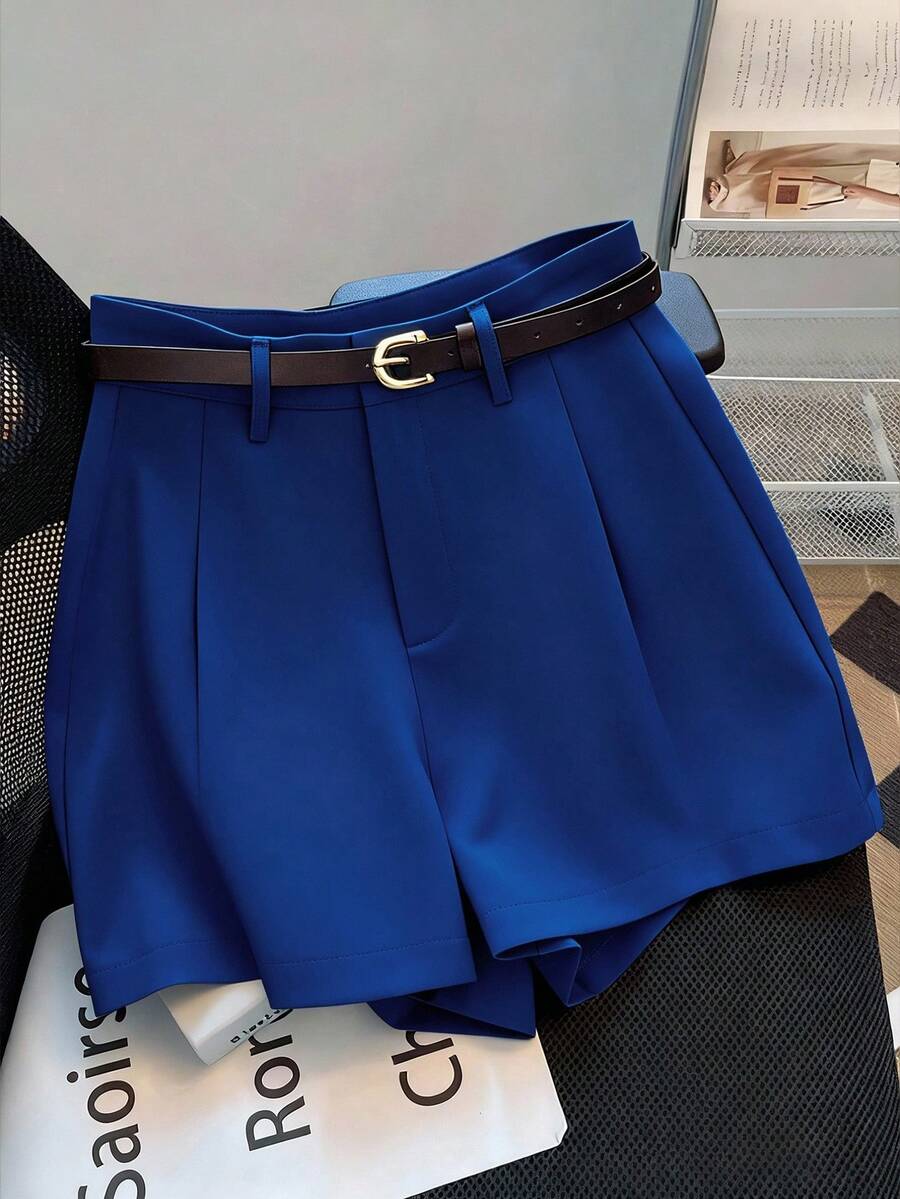 Franclia 休闲通勤时尚百搭中高腰配腰带夏季新款纯色女短裤 - 寶藍色 - 查看 1