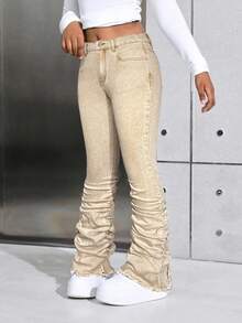 SHEIN Tween Girls Fashion Casual Y2k Vintage Cool Street Returns To School College Crinkled Cuffs Khaki Denim Stretch Skinny Jeans For Tween Girl Clothes Tween Girls Soft Dailywear And Tween Girl Winter And Fall Rave Outfits Festival And Outfits Streetwear Clothes Khaki Jeans For Girls Bell Bottom Pants Girls - Khaki - View 3