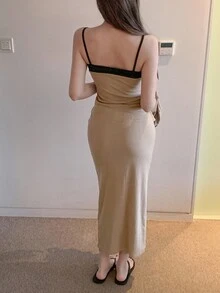 DAZY Women's Contrast Color Slip Dress And Cardigan Set, Elegant, Chic, Sexy, Casual Lounge Sets For Women - Khaki - View 5