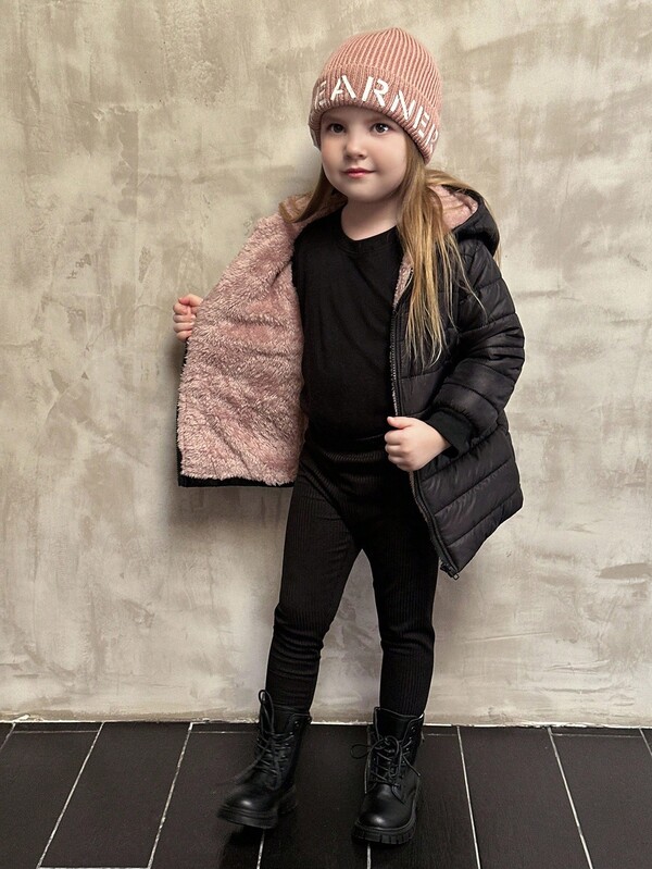 SHEIN Abrigo acolchado con capucha con cremallera y forro de felpa para niña joven, abrigo para niña, abrigos para niñas, chaqueta de invierno para niños, abrigo negro para niños