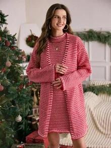 LanaWest Women's Autumn/Winter Casual Vintage Graphic Tops, Versatile Outfit For Vacation, Independence Day, Labor Day, Columbus Day, Thanksgiving, Valentine's Day, Streetwear, Elegant Work/School Attire, Gothic Style, Business Casual, Christmas Dress, Cardigan Two Pieces Set - Multicolor - View 4