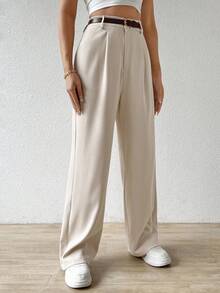 SHEIN EZwear Pantalon droit décontracté pour femme avec ceinture de taille - Beige - Voir 6