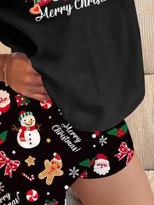 SHEIN Wesołych Świąt, nastoletnia dziewczyna z kreskówkowym Świętym Mikołajem, piernikowym ludzikiem, bałwanem, choinką, dzwonkami, cukrową laską, wzorem płatka śniegu, luźnym, swobodnym krojem, okrągłym dekoltem i krótkim rękawem, zestaw piżamowy, odpowiedni na wiosnę/lato