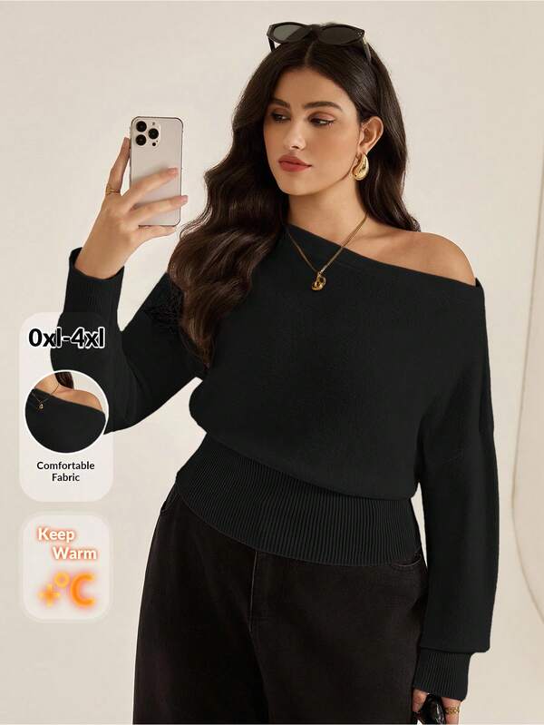 Auralis Plus Size Women's Autumn And Winter Fashion Casual Loose Comfortable Daily Simple Basic Versatile Off-Shoulder Long-Sleeved Black Pullover Sweater,Fall Outfits,Simple Style,Back To School,Going Out Tops
