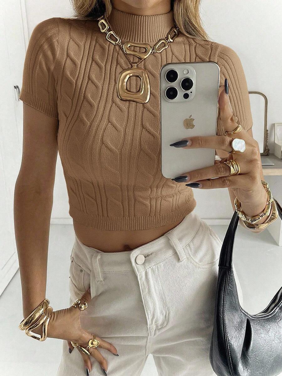 Siren Gaze Women's Solid Color High Neck Raglan Short Sleeve Casual Twist Knit Cropped Top Autumn Winter Clothes For Women Summer - Camel - View 1
