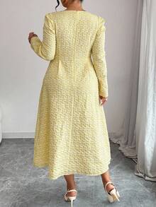 Elenzga 大码女式U领羊腿袖纹理面料A字优雅连衣裙 - 黃色 - 查看 2