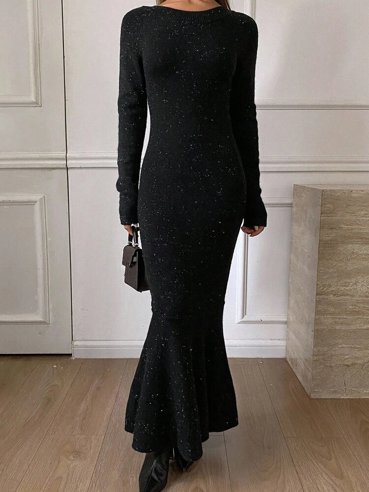 Women's Elegant Backless Tie Strap Fish Tail Hem Sweater Dress, Autumn/Winter Prom Dress