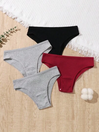 SHEIN Explorewe 4pcs/Set Teen Girl Basic Solid Color Ribbed Comfortable Cotton Panties, Minimalist & Fashionable