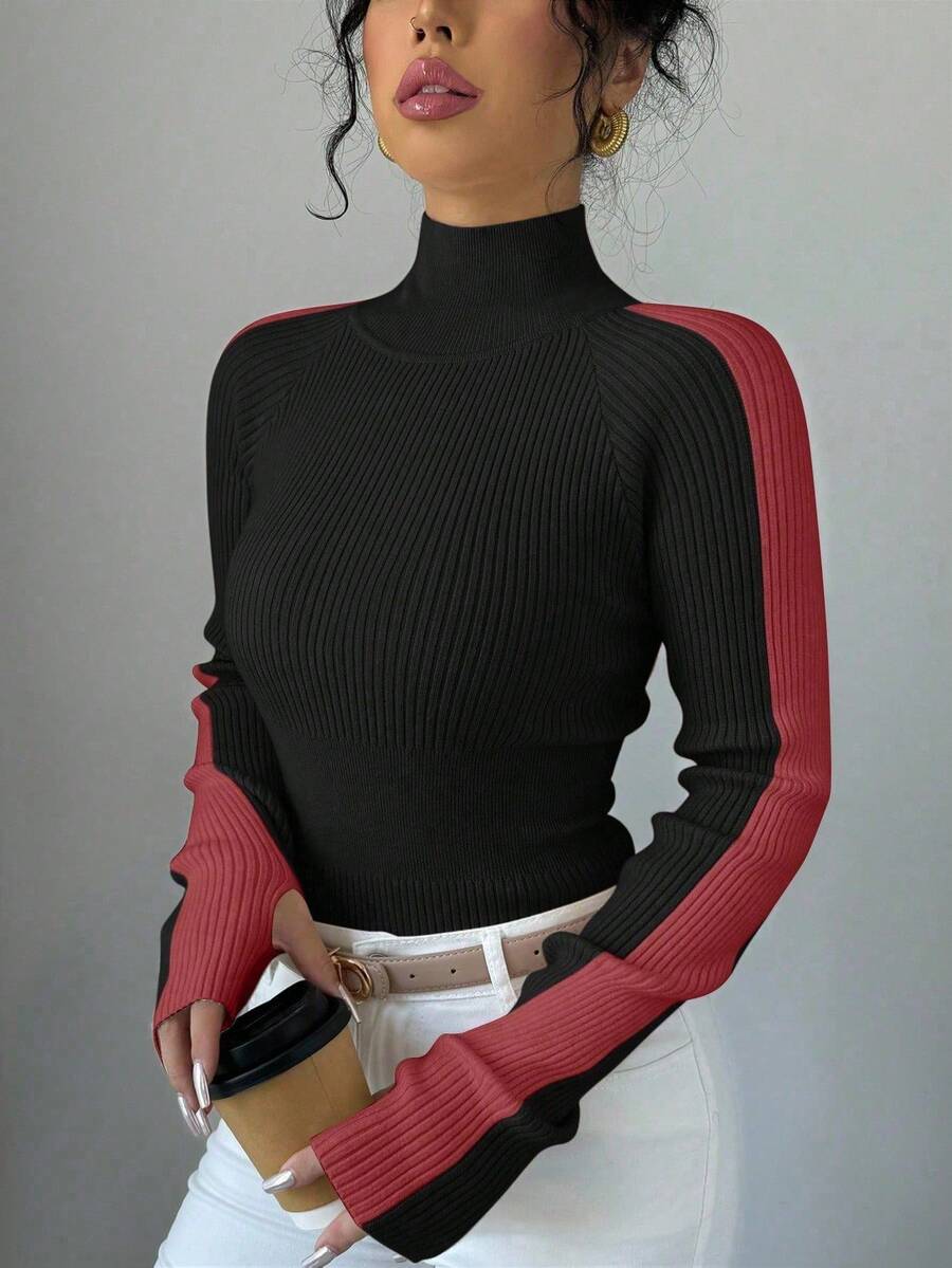 SHEIN LUNE Suéter básico de mujer con cuello alto y contraste de color, otoño/invierno - Negro - Ver 1