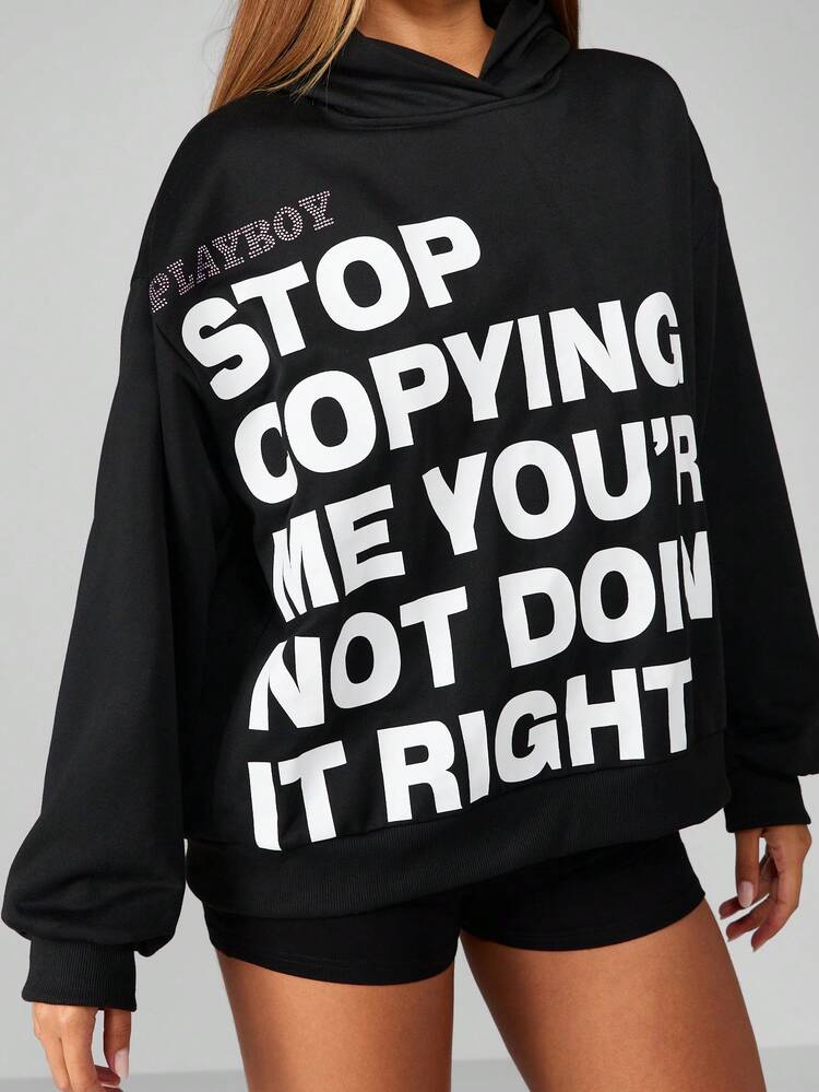 Missguided x Playboy Original Statement Sweatshirt Rhinestone Logo Pullover Oversized Cut Winter Fall Fashion Bold Typography Hood Casual Streetwear
