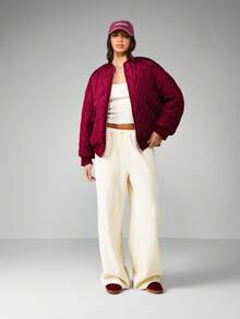 MISSGUIDED Boxy Fit Quilted Bomber Winter Jacket Puffer Casual Outerwear Reversible Padded With Ribbed Collar Cuffs Zipper Front Closure Warm Elegant Autumn - Burgundy - View 5