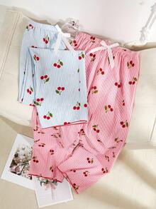 Snug Zone 2件套女士粉蓝条纹樱桃印花裤装可爱套装，秋冬服装 - 彩色 - 查看 3