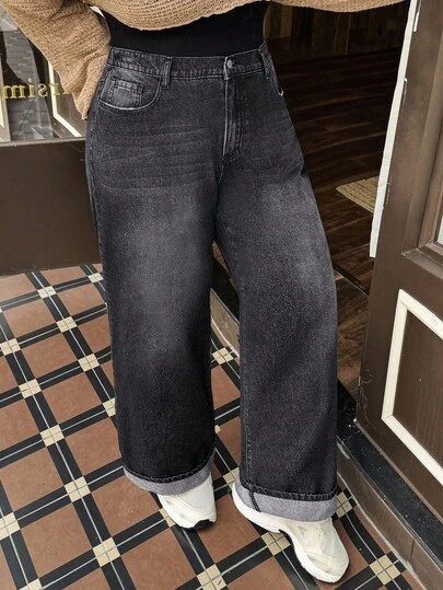 Rivivi Jeans casuales y versátiles de talla grande para mujer con bolsillos y pierna ancha