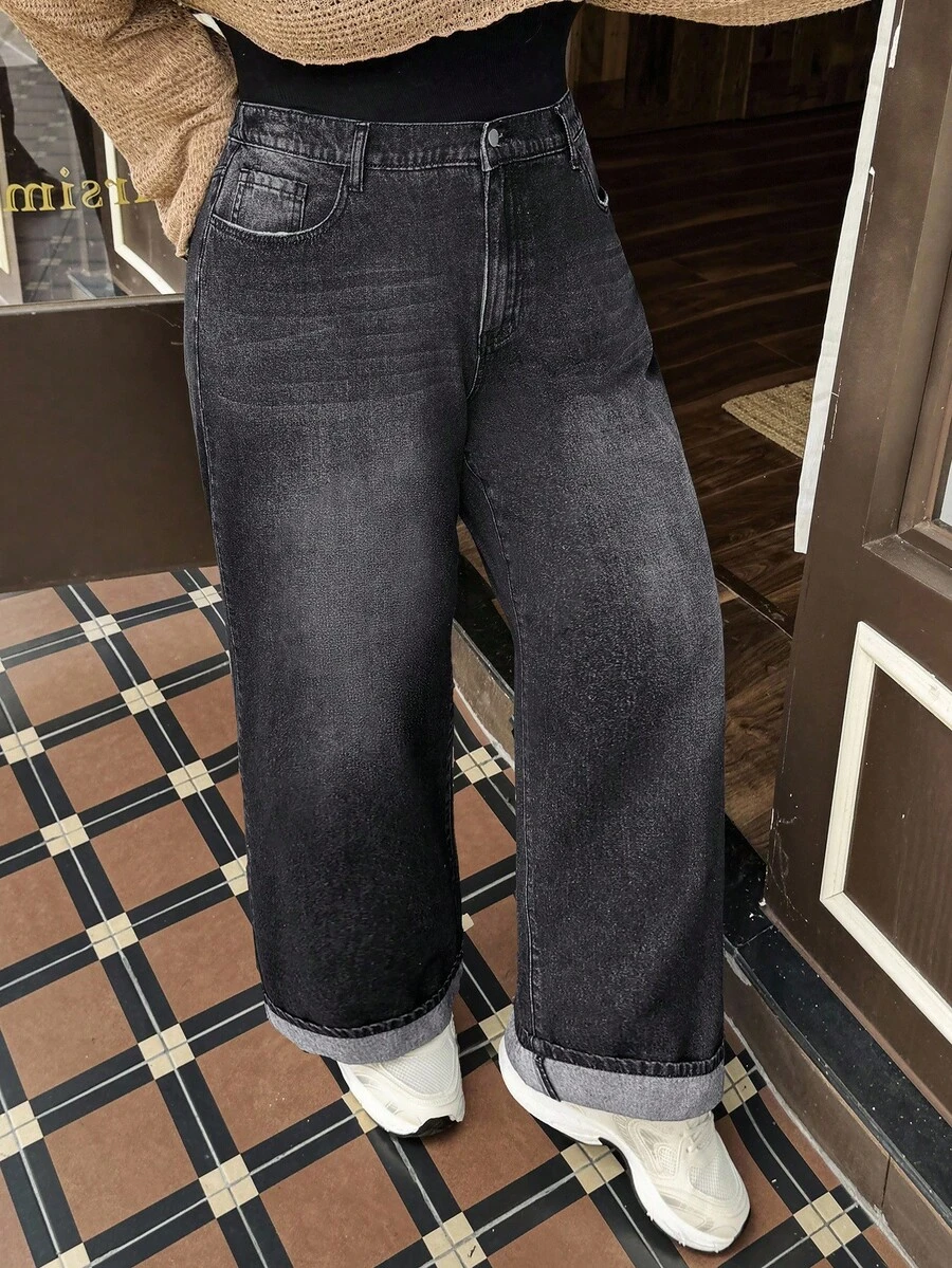 SHEIN EZwear 大码女式宽松口袋阔腿休闲百搭牛仔裤 - 淺灰色 - 查看 1