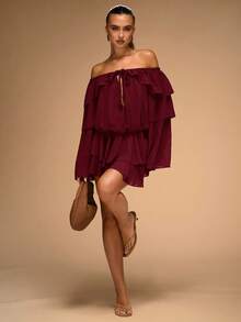 SHEIN BAE Vestido elegante de mujer de unicolor con hombros descubiertos y volantes en el bajo, otoño - Burdeos - Ver 1