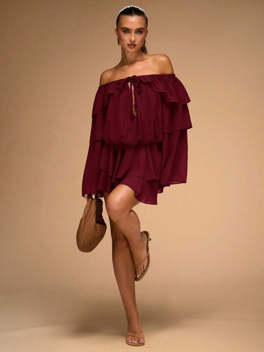 SHEIN BAE Vestido elegante de mujer de unicolor con hombros descubiertos y volantes en el bajo, otoño - Burdeos - Ver 1