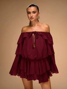 SHEIN BAE Vestido elegante de mujer de unicolor con hombros descubiertos y volantes en el bajo, otoño - Burdeos - Ver 4