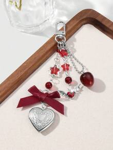 ROMWE Kawaii 1pc Y2K Fashionable Delicate Silver Hollow Resin Star Wing Heart Ribbon Bow Crystal Strawberry DIY Heart Keychain Bag Charm, Suitable For Women/Girls Daily Wear, Holiday Gift - Burgundy-54 - View 3