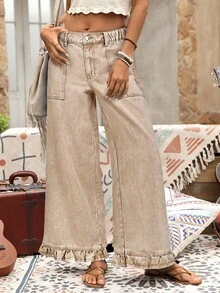 EMERY ROSE Quần ống rộng dáng suông, viền bèo, chất liệu denim, kiểu dáng nghỉ mát, cỡ lớn. - Màu be - Xem 6