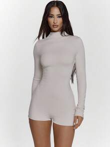 MUSERA 高领修身长袖热裤迷你短款连体裤性感外出秋季夜游可爱街头风 Feraux 优雅新年春季夏季假期节日 - 白色 - 查看 2