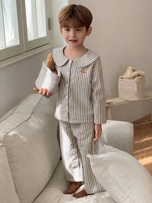 小男孩条纹彼得潘领长袖单排扣上衣和裤子睡衣套装 - 卡其色 - 查看 2