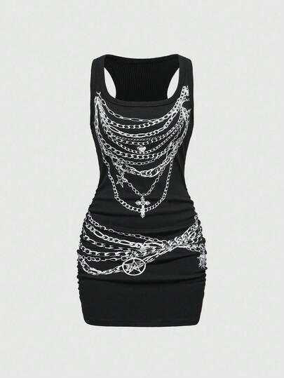 ROMWE Avant Sexy Round Neck Low-Cut Black Chain Decor Printed Tank Mini Dress For Women, Suitable For Summer Beach, Graduation, Easter, Concert, Nashville Vacation, Music Festival