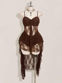 SHEIN ICON Plus Size Black V-Neck Ruffle Trim Short Front Long Back Slip Dress, Y2K Sexy Spaghetti Strap Ruffle Hem Dress - Brown - View 3