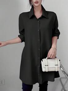 Celisse Áo sơ mi nữ cổ ve trơn màu, dáng thường ngày có túi ngực và nút cài phía trước, áo dài tay - màu đen - Xem 6