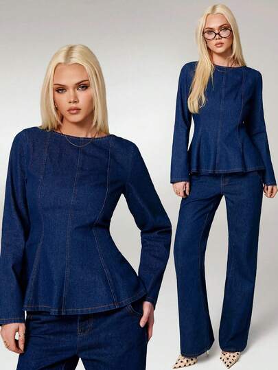 Avantive Fall&Winter Halloween Christmas New Year Going Out Graduation Prom Elegant Formal Luxury Chic Business Casual Birthday/Office Outfits/Country Concert/Club Outfits Sexy/Western/Work Clothes/Streetwear/Vintage/Festival/Cocktail/Rave/Prom/Hawaii/Airport/Funny/Basic/Brunch Outfits/2000s Style/Bodycon/Old Money Style/Church/Homecoming/Classy/Party/Modest/Date Night/Autumn/Winter/Long Sleeve Denim Blouse Dark Blue Top Royal Blue Top Women Modest Tops For Women Denim Top  Cowgirl