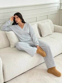 SHEIN Tall 女式超大 V 领蓬松柔软弹力宽松运动衫和运动裤两件套，秋冬 - 灰色 - 查看 9