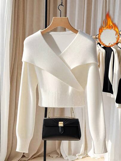 Franclia Französischer eleganter weißer Strickpullover mit Oversized Kragen, einzigartiger Schalkollettpullover für Herbst/Winter, kombiniert mit elastischem Rollkragen T-Shirt