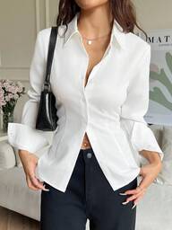 SHEIN EZwear 1pc Women's Solid Color Button Front Long Sleeve Casual Blouse