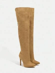 Daringsoles Bốt cao đến đùi, mũi nhọn, chất liệu da lộn màu kaki dành cho nữ, khóa kéo bên hông, kiểu dáng gợi cảm - Màu Khaki - Xem 1