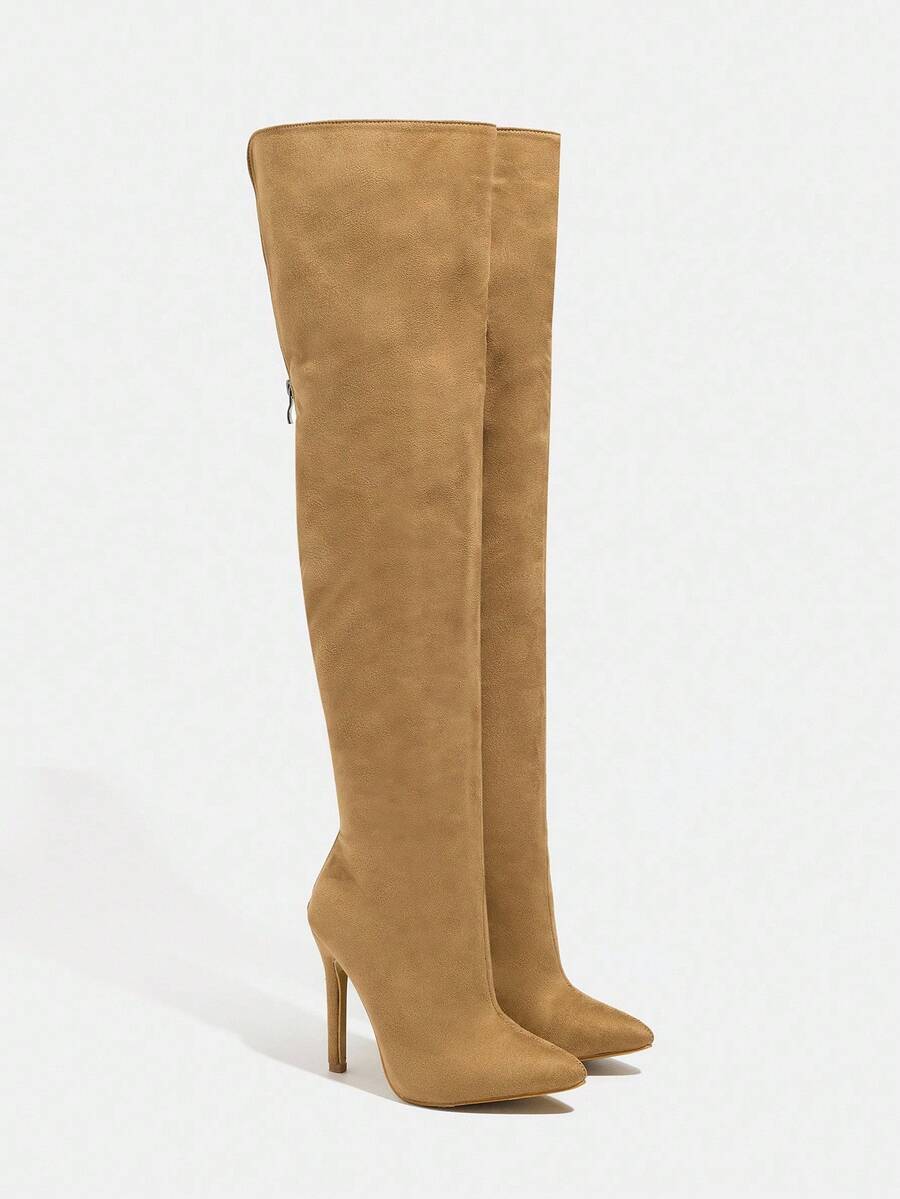 Daringsoles Bốt cao đến đùi, mũi nhọn, chất liệu da lộn màu kaki dành cho nữ, khóa kéo bên hông, kiểu dáng gợi cảm - Màu Khaki - Xem 1