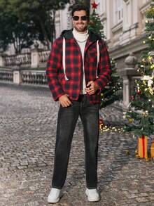 Manfinity CasualCool Men's Casual Plaid Button-Up Drawstring Hooded Padded Coat, Autumn, Christmas