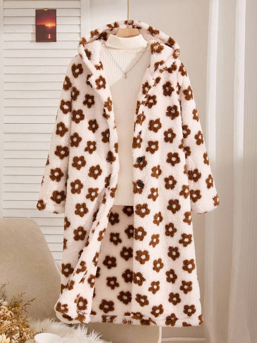 SHEIN Explorewe 女童花卉毛绒长款连帽夹克，冬季休闲外套 - 黑色 - 查看 1