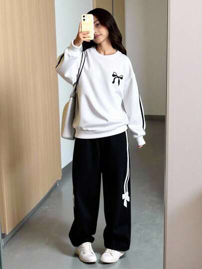 SHEIN 青少年女孩休闲拼色蝴蝶结印花宽松运动衫和阔腿裤套装，适合日常、居家、运动、学校、聚会，黑白